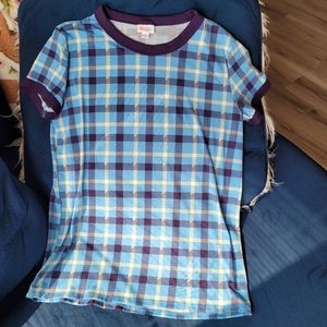 Lularoe Liv Shirt Blue White Purple plaid design
